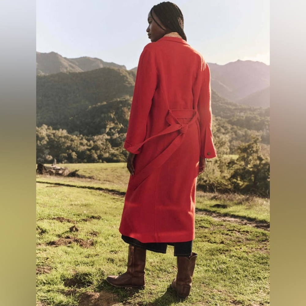THE GREAT. Trapunto long wool hot red trench coat tie waist sz 0 XS S - Picture 3 of 13